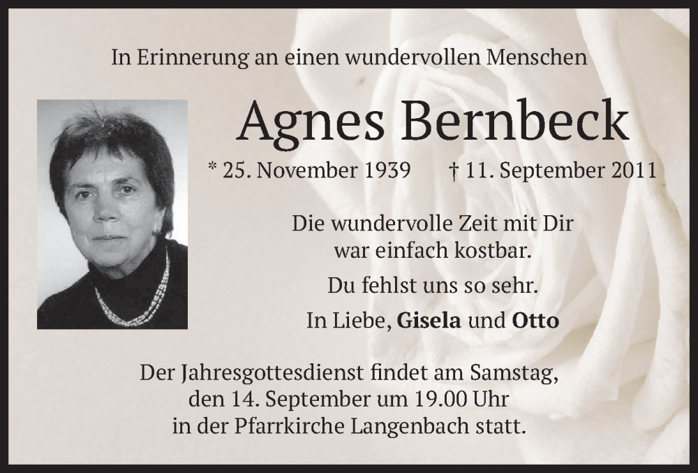 Traueranzeige für Agnes Bernbeck vom 11.09.2024 aus merkurtz