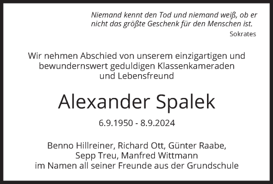 Traueranzeige von Alexander Spalek von merkurtz