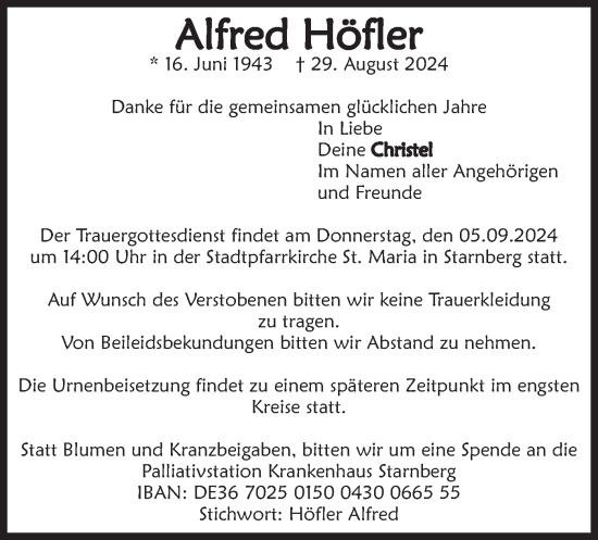 Traueranzeige von Alfred Höfler von merkurtz