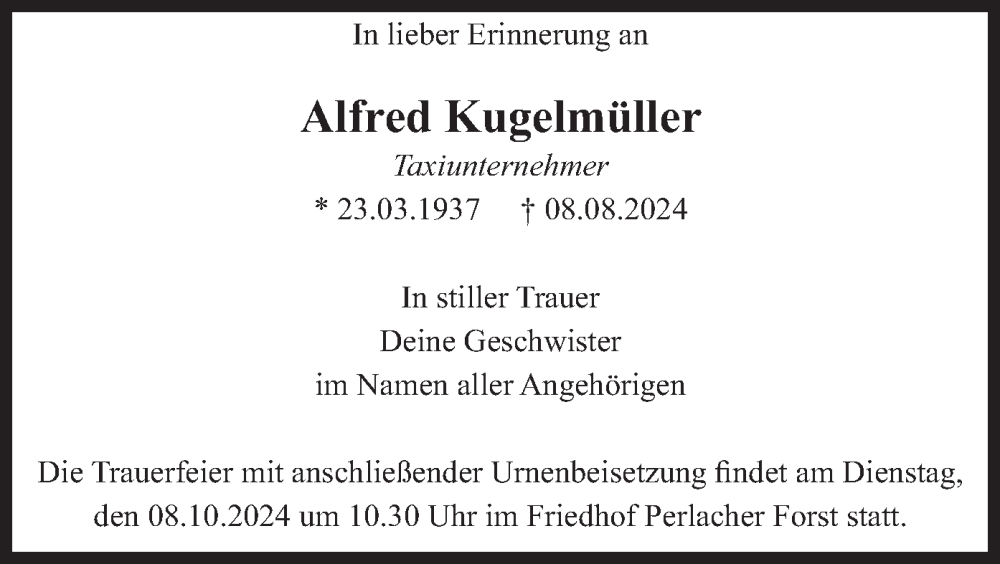  Traueranzeige für Alfred Kugelmüller vom 21.09.2024 aus merkurtz