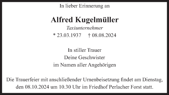 Traueranzeige von Alfred Kugelmüller von merkurtz