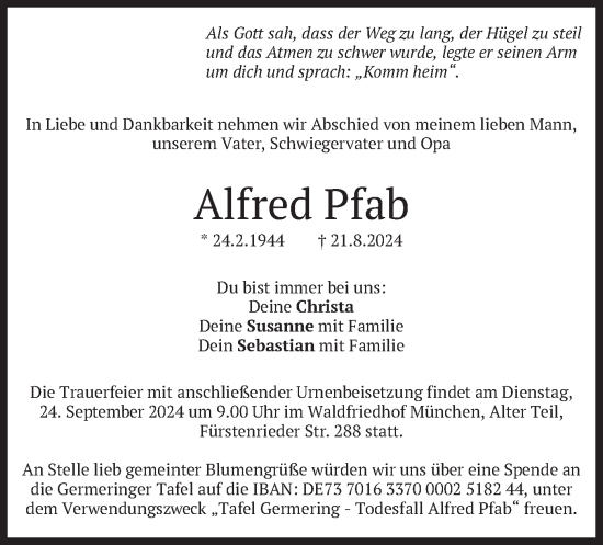 Traueranzeige von Alfred Pfab von merkurtz