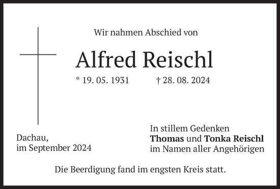 Traueranzeige von Alfred Reischl von merkurtz