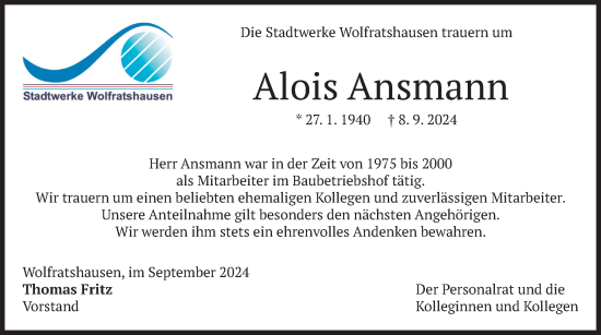 Traueranzeige von Alois Ansmann von merkurtz