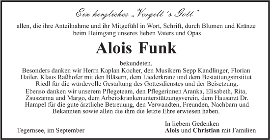 Traueranzeige von Alois Funk von merkurtz