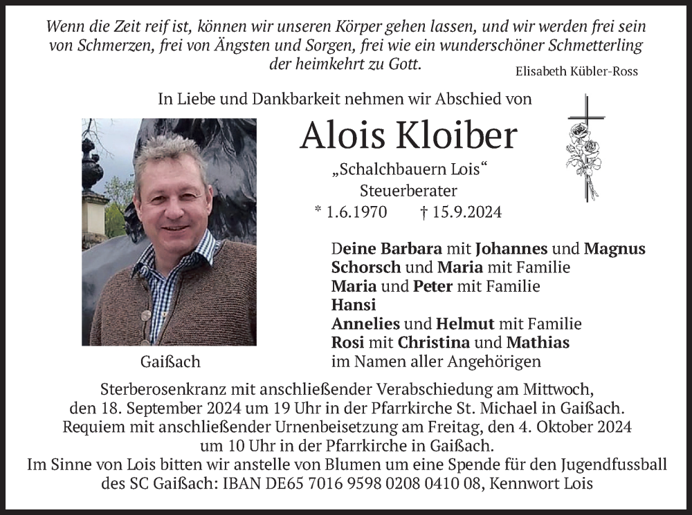  Traueranzeige für Alois Kloiber vom 17.09.2024 aus merkurtz