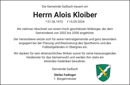 Traueranzeige von Alois Kloiber von merkurtz