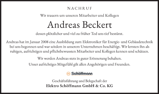 Traueranzeige von Andreas Beckert von merkurtz