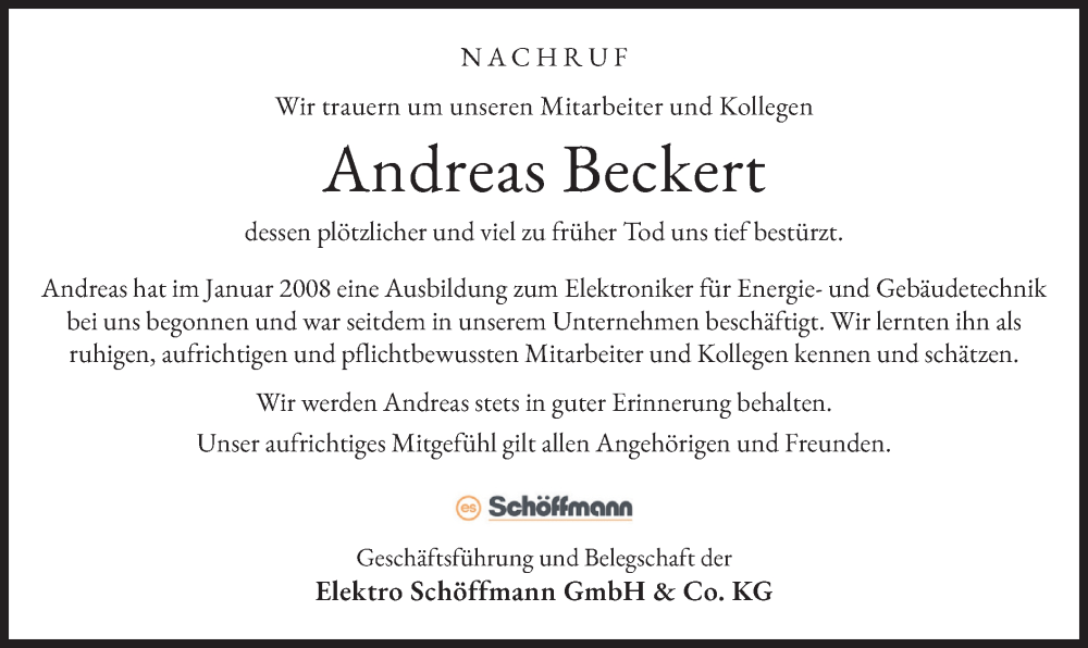  Traueranzeige für Andreas Beckert vom 13.09.2024 aus merkurtz