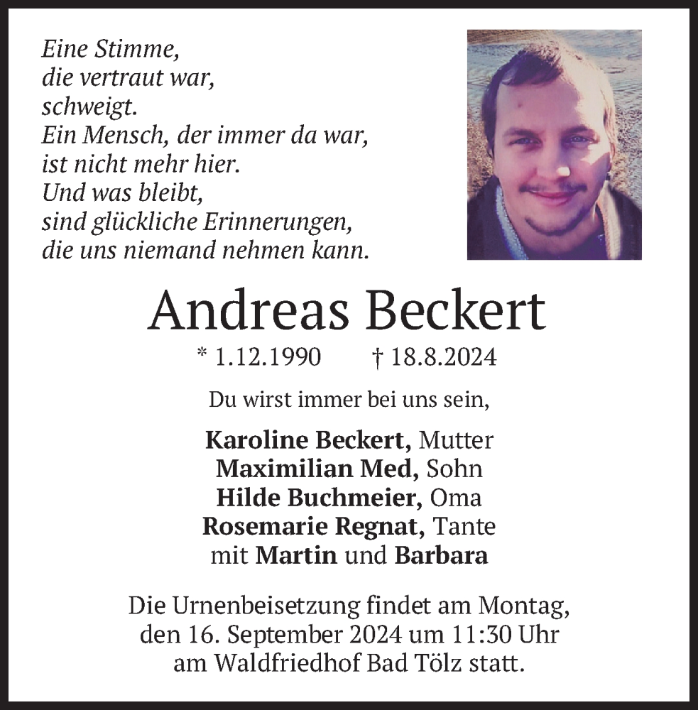  Traueranzeige für Andreas Beckert vom 12.09.2024 aus merkurtz