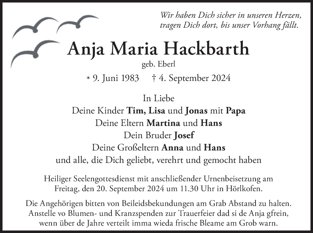  Traueranzeige für Anja Maria Hackbarth vom 18.09.2024 aus merkurtz