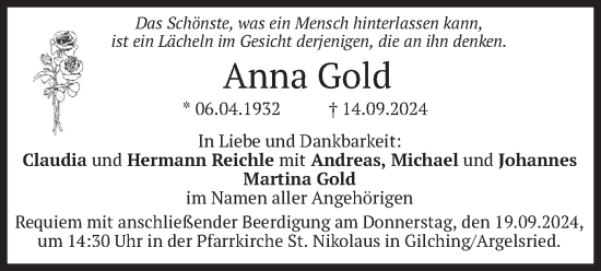 Traueranzeige von Anna Gold von merkurtz