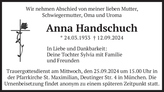 Traueranzeige von Anna Handschuch von merkurtz