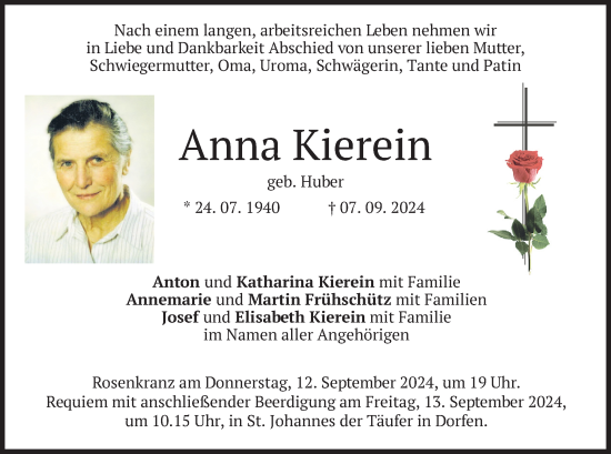 Traueranzeige von Anna Kierein von merkurtz