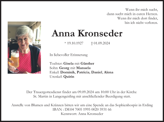 Traueranzeige von Anna Kronseder von merkurtz