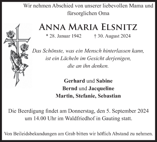 Traueranzeige von Anna Maria Elsnitz von merkurtz