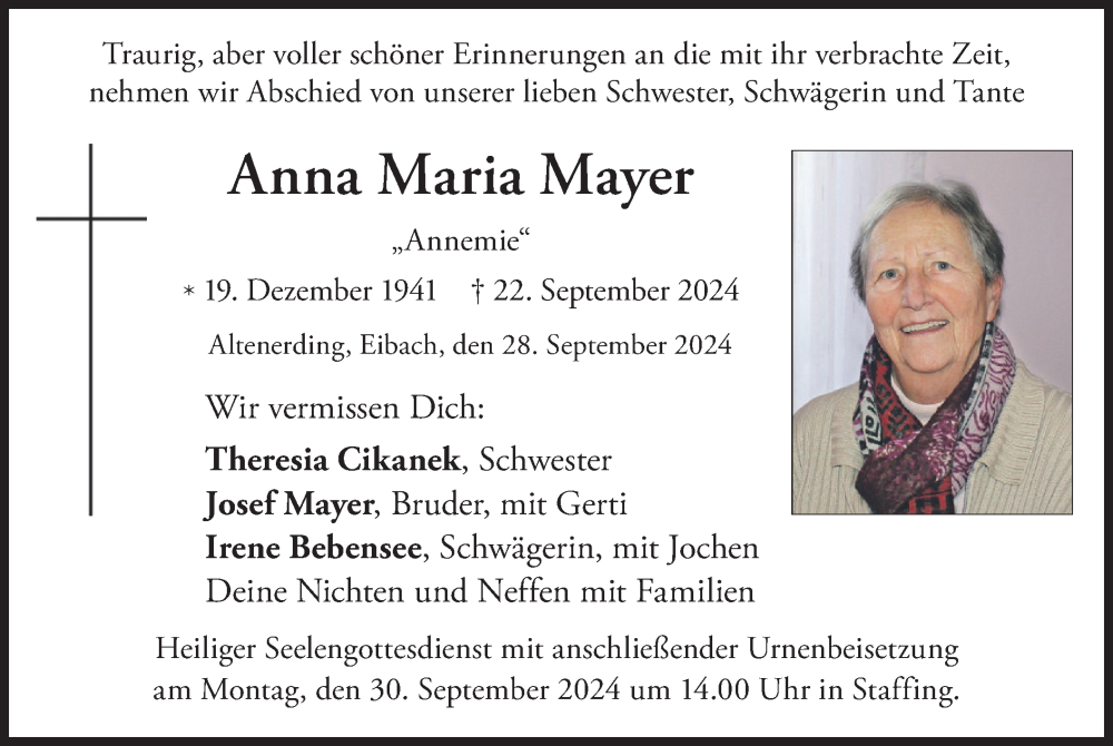  Traueranzeige für Anna Maria Mayer vom 28.09.2024 aus merkurtz