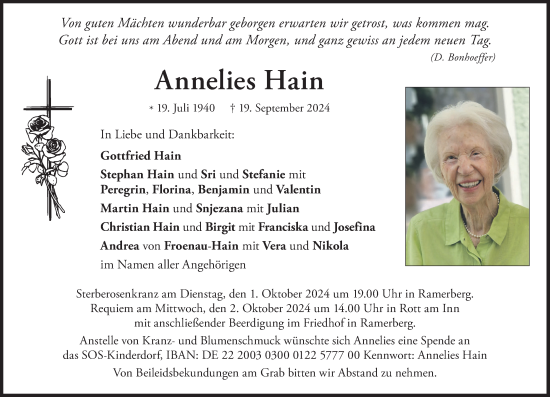 Traueranzeige von Annelies Hain von merkurtz