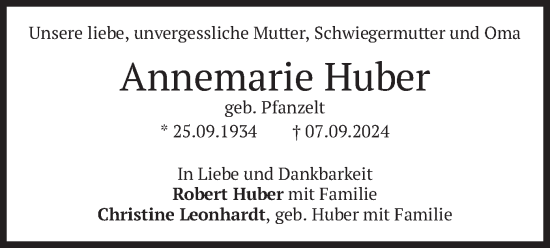 Traueranzeige von Annemarie Huber von merkurtz