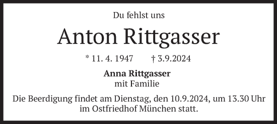 Traueranzeige von Anton Rittgasser von merkurtz