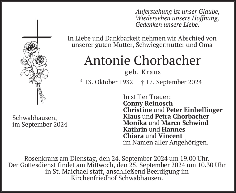  Traueranzeige für Antonie Chorbacher vom 21.09.2024 aus merkurtz