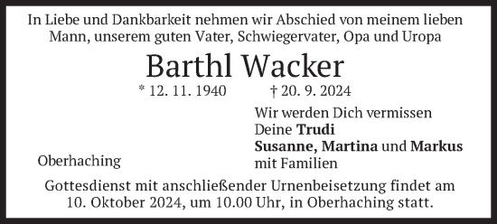 Traueranzeige von Barthl Wacker von merkurtz