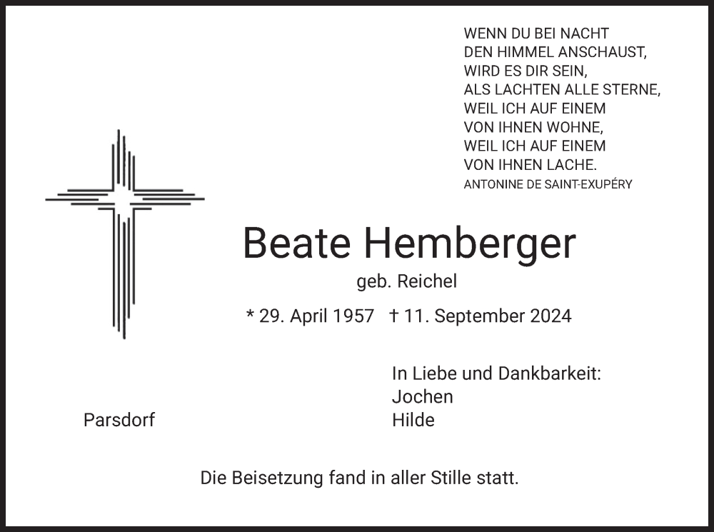  Traueranzeige für Beate Hemberger vom 14.09.2024 aus merkurtz