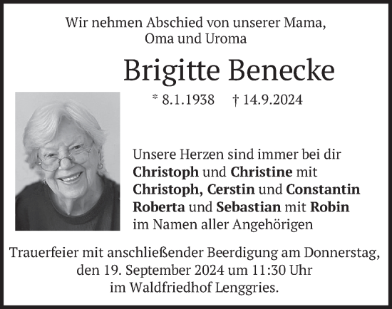 Traueranzeige von Brigitte Benecke von merkurtz