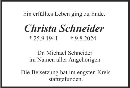 Traueranzeige von Christa Schneider von merkurtz