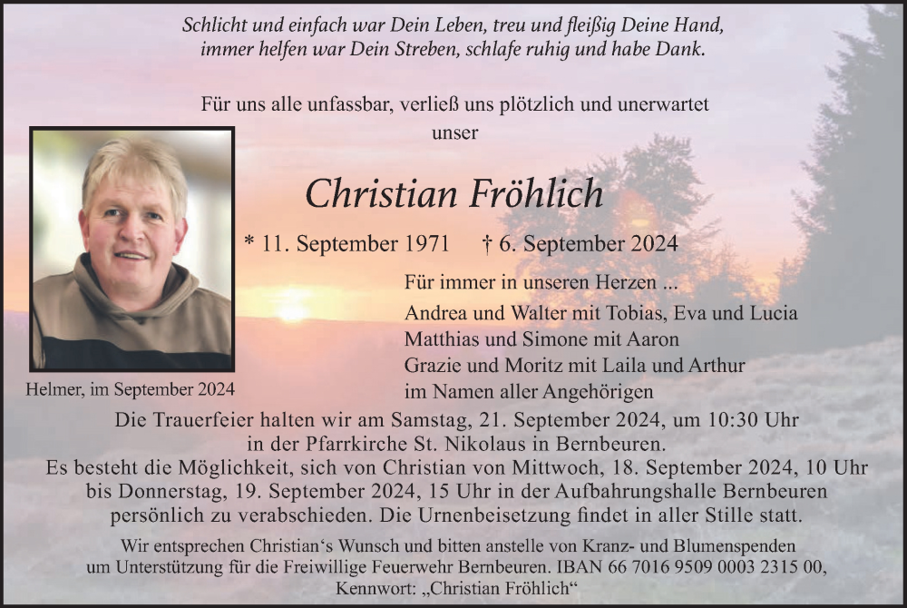  Traueranzeige für Christian Fröhlich vom 17.09.2024 aus merkurtz