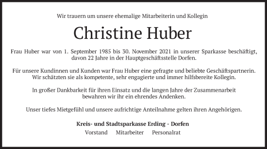 Traueranzeige von Christine Huber von merkurtz