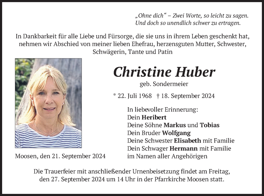  Traueranzeige für Christine Huber vom 21.09.2024 aus merkurtz