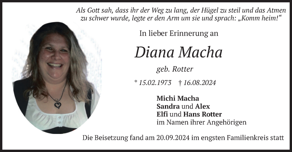  Traueranzeige für Diana Macha vom 21.09.2024 aus merkurtz