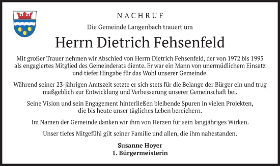 Traueranzeige von Dietrich Fehsenfeld von merkurtz