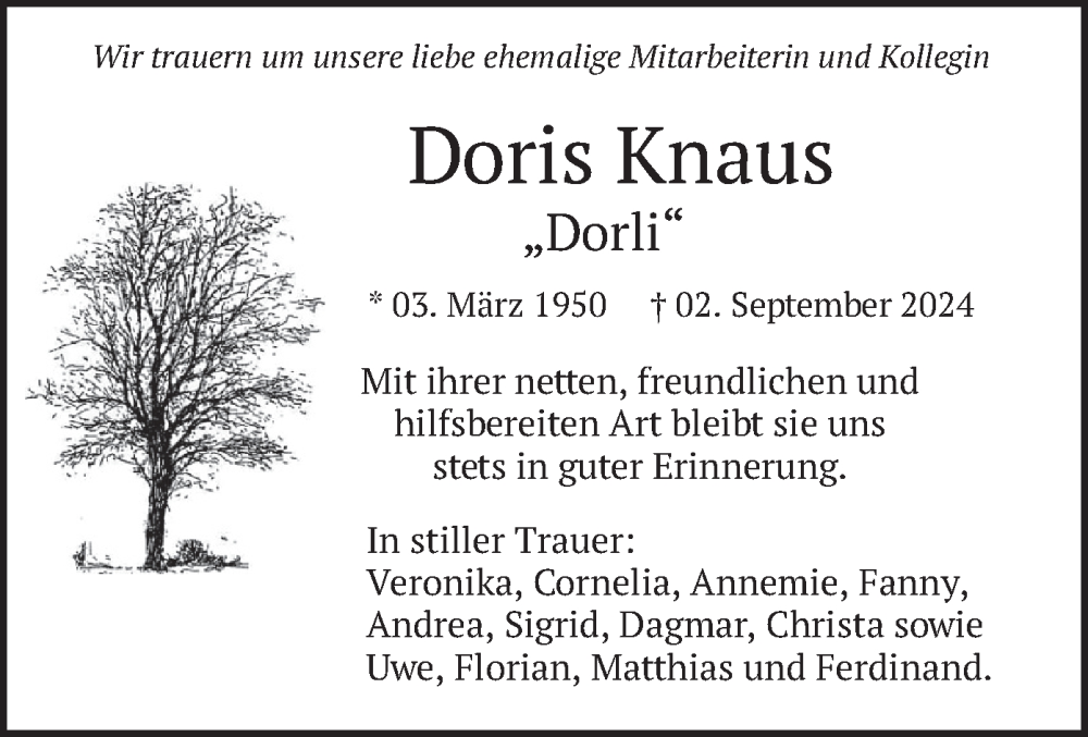  Traueranzeige für Doris Knaus vom 21.09.2024 aus merkurtz