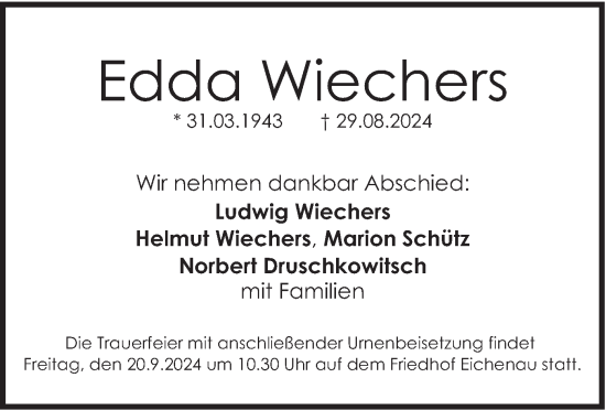 Traueranzeige von Edda Wiechers von merkurtz