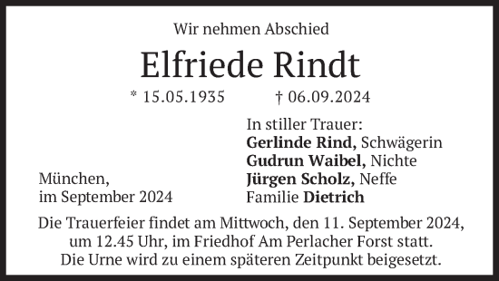 Traueranzeige von Elfriede Rindt von merkurtz