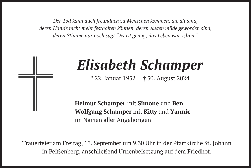  Traueranzeige für Elisabeth Schamper vom 07.09.2024 aus merkurtz