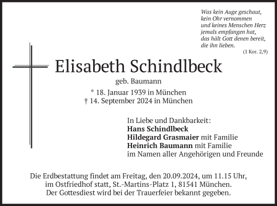 Traueranzeige von Elisabeth Schindlbeck von merkurtz