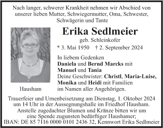 Traueranzeige von Erika Sedlmeier von merkurtz