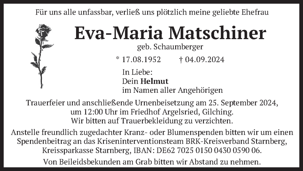  Traueranzeige für Eva-Maria Matschiner vom 21.09.2024 aus merkurtz