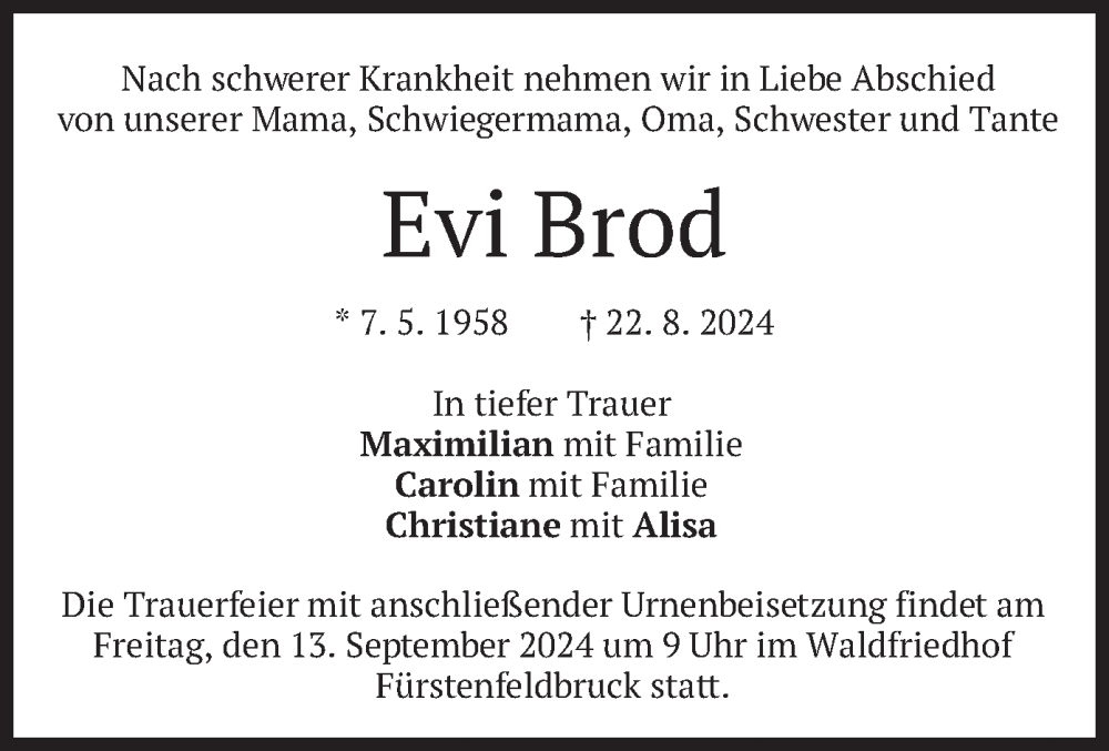  Traueranzeige für Evi Brod vom 07.09.2024 aus merkurtz