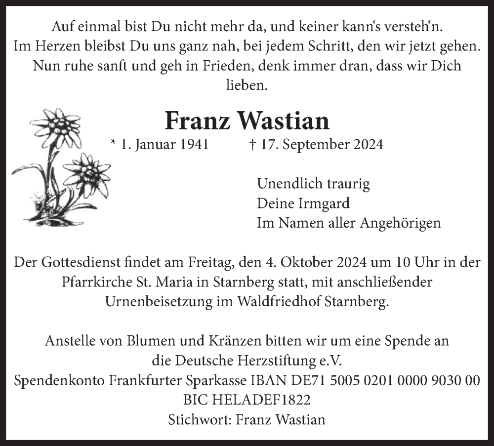  Traueranzeige für Franz Wastian vom 28.09.2024 aus merkurtz