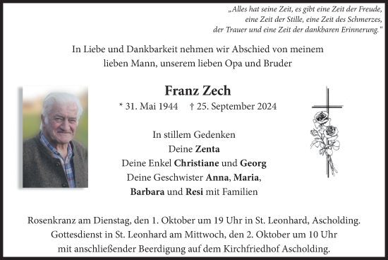 Traueranzeige von Franz Zech von merkurtz