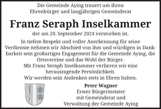 Traueranzeige von Franz Seraph Inselkammer von merkurtz