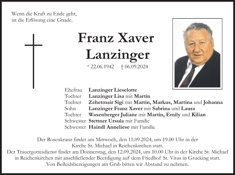  Traueranzeige für Franz Xaver Lanzinger vom 10.09.2024 aus merkurtz