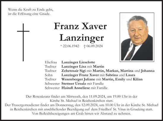 Traueranzeige von Franz Xaver Lanzinger von merkurtz