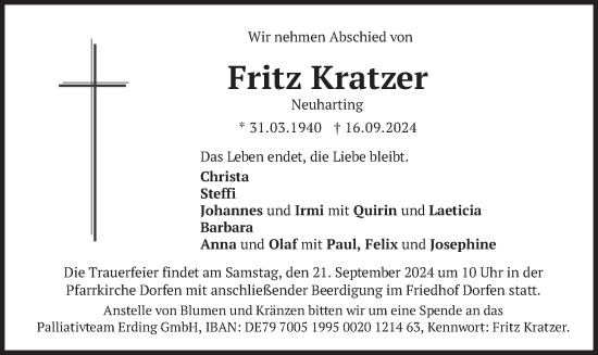 Traueranzeige von Fritz Kratzer von merkurtz