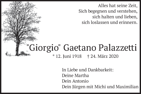 Traueranzeige von Gaetano Palazzetti von merkurtz