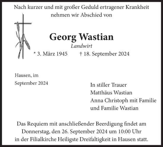 Traueranzeige von Georg Wastian von merkurtz